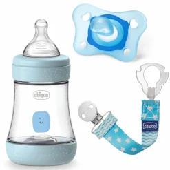 3-tlg. Geschenkset PP-Flasche Perfect5 150 ml + Schnuller und Schnullerband - Blau