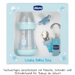 3-tlg. Geschenkset PP-Flasche Perfect5 150 ml + Schnuller und Schnullerband - Blau