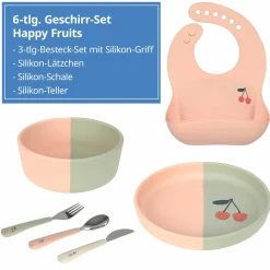 6-tlg. Geschirr-Set Silikon - Besteck + Schale + Teller + Lätzchen - Happy Fruits - Cherry