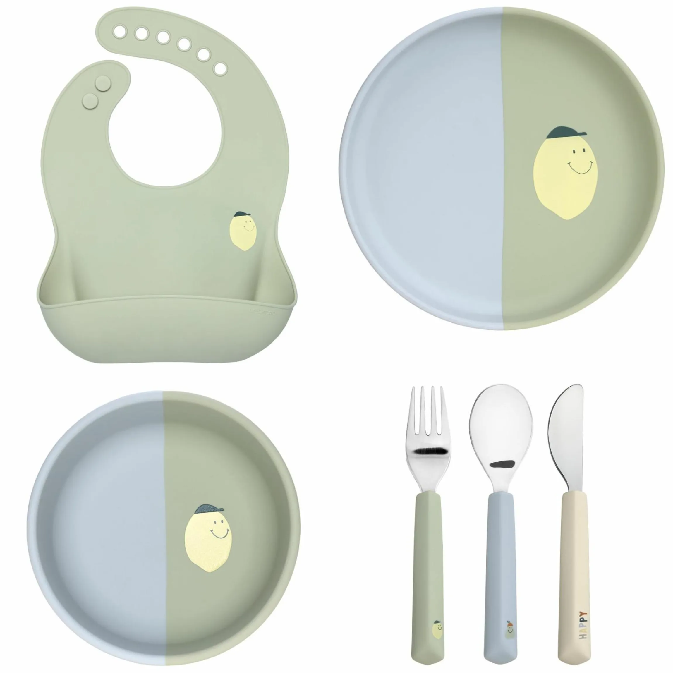 6-tlg. Geschirr-Set Silikon - Besteck + Schale + Teller + Lätzchen - Happy Fruits - Lemon