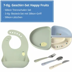 7-tlg. Geschirr-Set Silikon - Trennschalen + Besteck + Lätzchen - Happy Fruits - Lemon