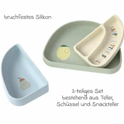 7-tlg. Geschirr-Set Silikon - Trennschalen + Besteck + Lätzchen - Happy Fruits - Lemon