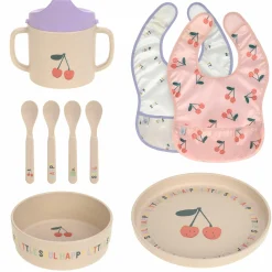 9-tlg. Geschirr-Set Zellulose - Schnabel-Tasse + Löffel + Schale + Teller + Lätzchen - Happy Fruits - Cherry
