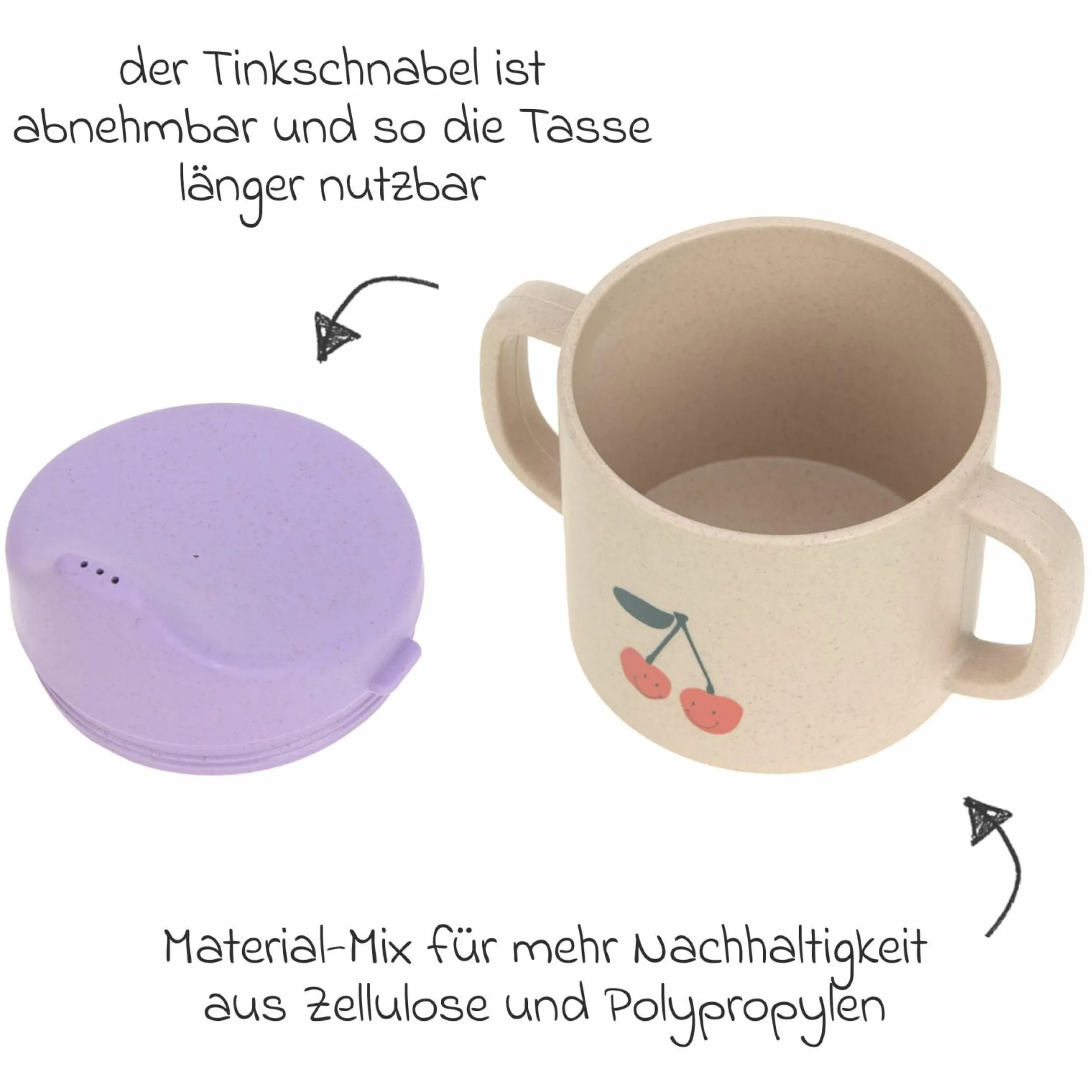 9-tlg. Geschirr-Set Zellulose - Schnabel-Tasse + Löffel + Schale + Teller + Lätzchen - Happy Fruits - Cherry