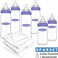 9-tlg. Glas-Flaschen-Set mit NaturalWave® Trinksauger Gr. S & M + 3 Spucktücher