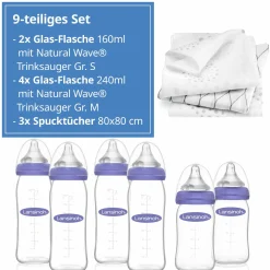 9-tlg. Glas-Flaschen-Set mit NaturalWave® Trinksauger Gr. S & M + 3 Spucktücher