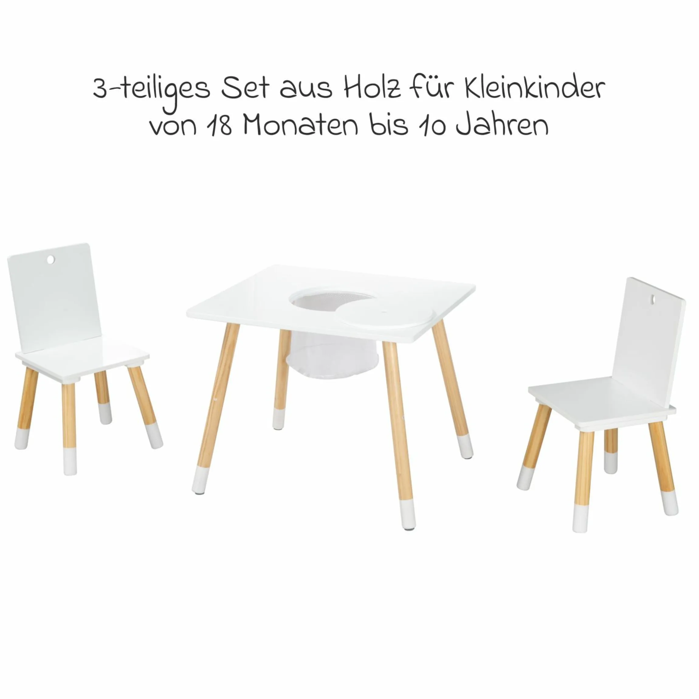 3-tlg. Kindersitzgruppe inkl. 1 Tisch mit Aufbewahrungsnetz & 2 Stühle - Weiß