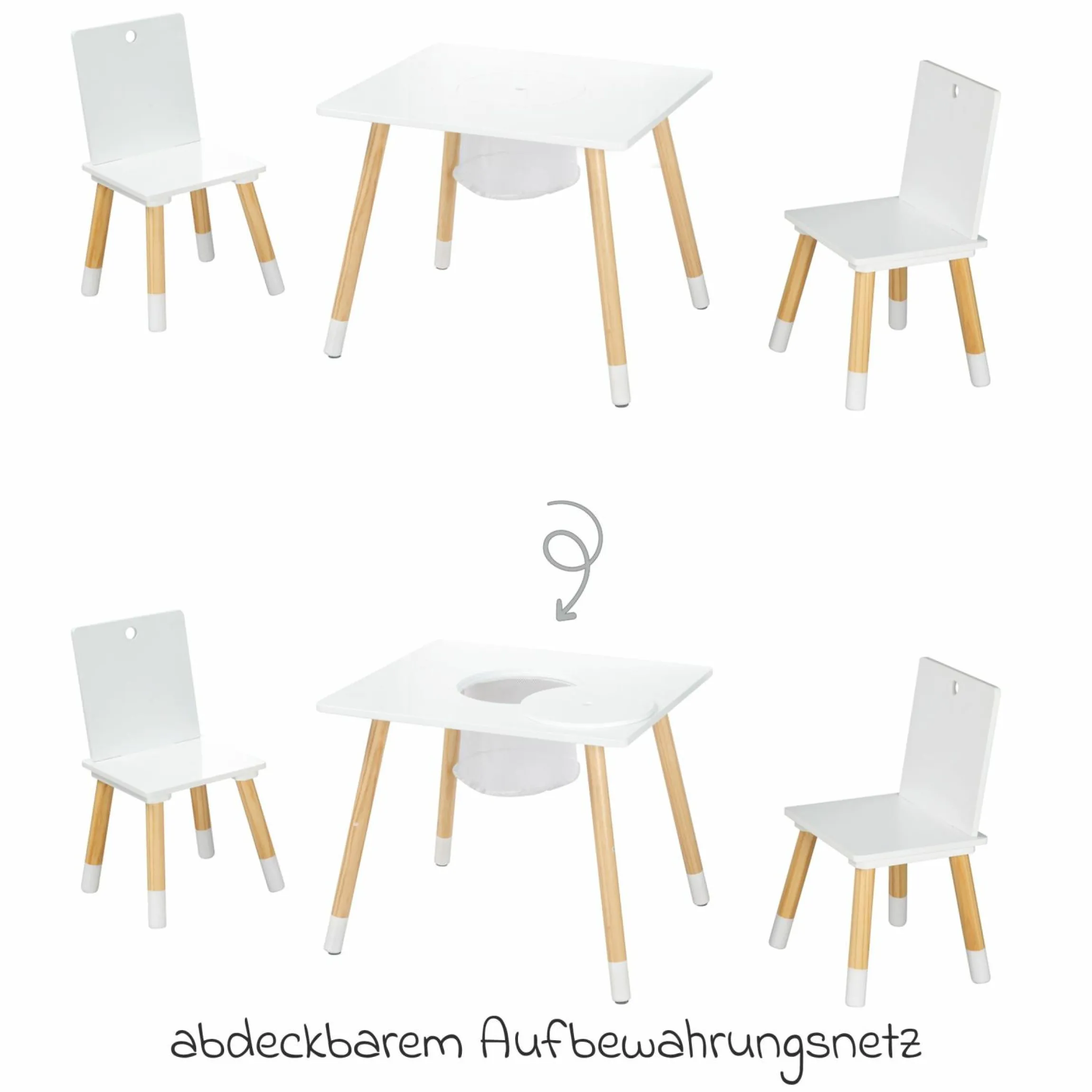 3-tlg. Kindersitzgruppe inkl. 1 Tisch mit Aufbewahrungsnetz & 2 Stühle - Weiß