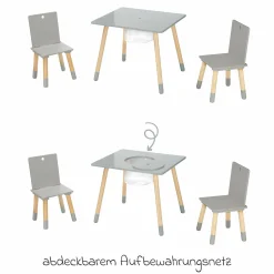 3-tlg. Kindersitzgruppe inkl. 1 Tisch mit Aufbewahrungsnetz & 2 Stühle - Grau