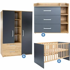 3-tlg Kinderzimmer-Set Alessio mit 3-türigem Schrank, Bett, Wickelkommode mit Wickelaufsatz - Artisan-Oak / Anthrazit - Kollektion 2024