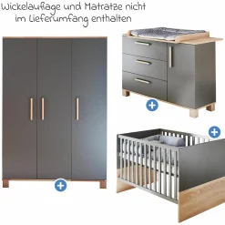 3-tlg Kinderzimmer-Set Cloe mit 3-türigem Schrank, Bett, Wickelkommode mit Wickelaufsatz - Lava Matt / Eiche Sägerau - Kollektion 2024