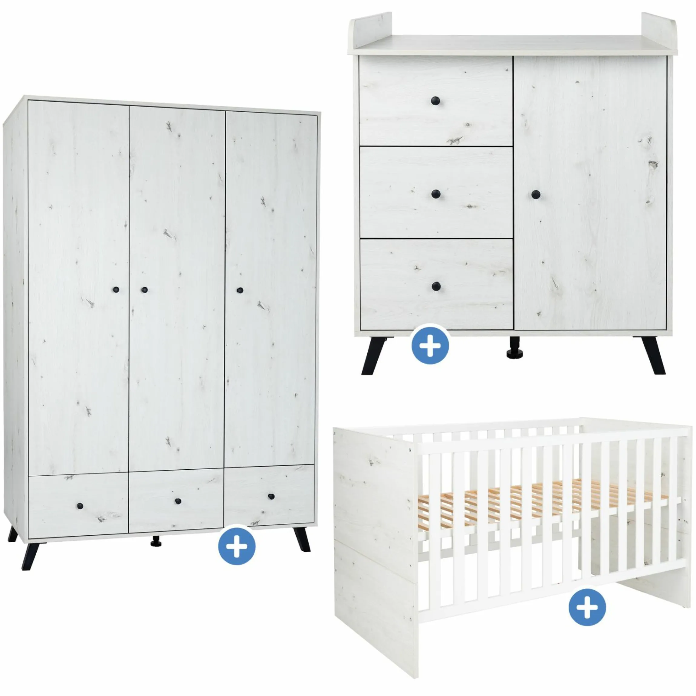 3-tlg Kinderzimmer-Set Lavea mit 3-türigem Schrank, Bett, Wickelkommode mit Wickelaufsatz - White-Oak / Schwarz - Kollektion 2024