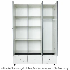 3-tlg Kinderzimmer-Set Lavea mit 3-türigem Schrank, Bett, Wickelkommode mit Wickelaufsatz - White-Oak / Schwarz - Kollektion 2024
