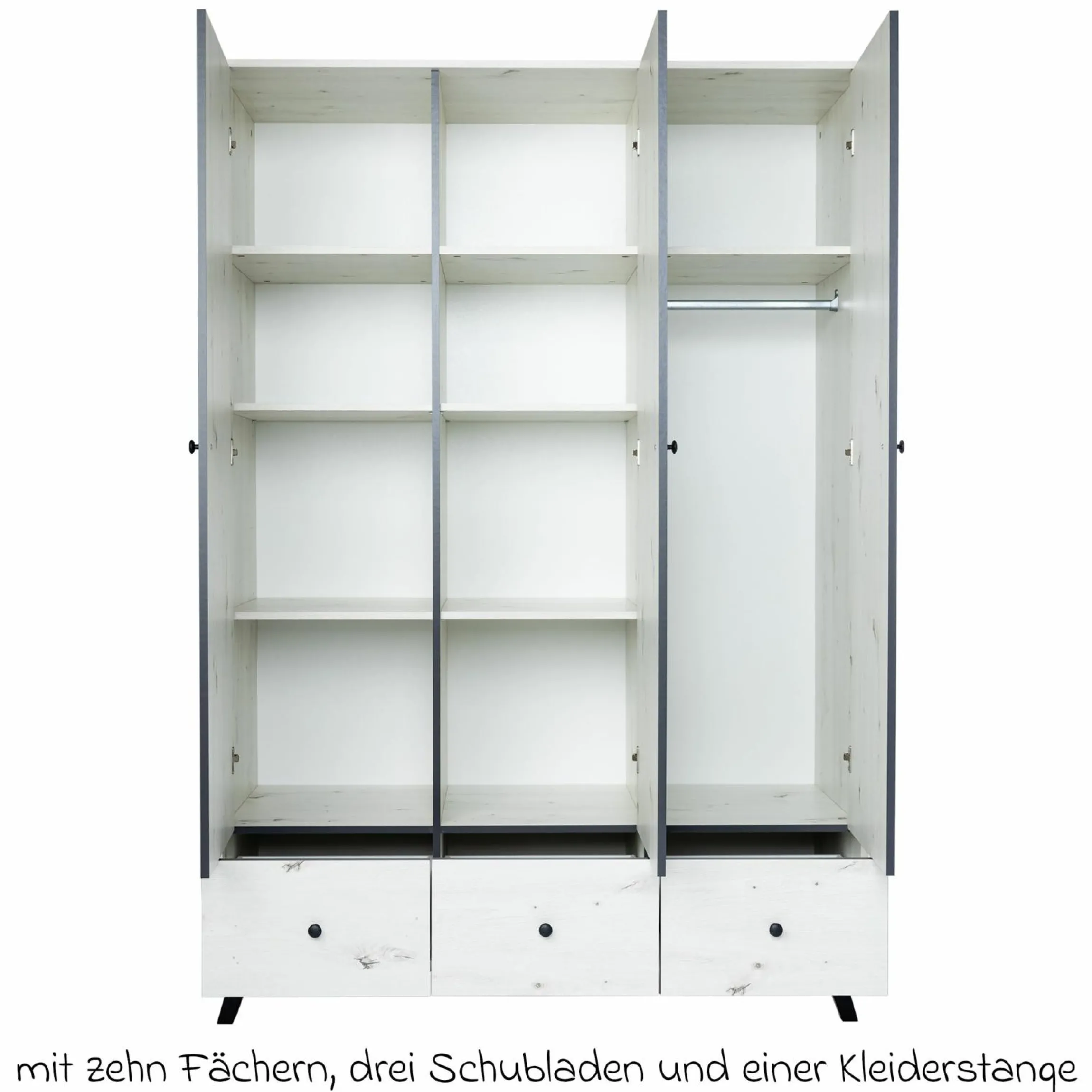 3-tlg Kinderzimmer-Set Lavea mit 3-türigem Schrank, Bett, Wickelkommode mit Wickelaufsatz - White-Oak / Schwarz - Kollektion 2024