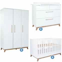 3-tlg Kinderzimmer-Set Lina mit 4-türigem Schrank, Bett, Wickelkommode mit Wickelaufsatz - Kreideweiß / Walnuss-Optik - Kollektion 2024