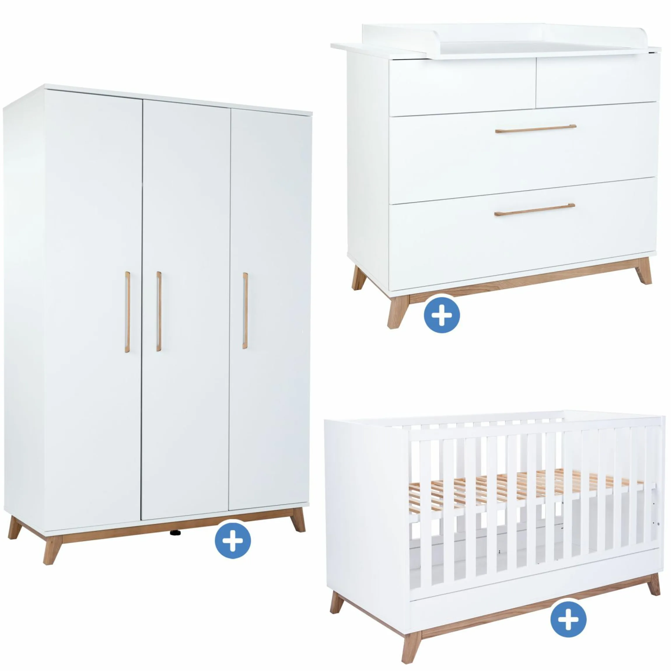 3-tlg Kinderzimmer-Set Lina mit 4-türigem Schrank, Bett, Wickelkommode mit Wickelaufsatz - Kreideweiß / Walnuss-Optik - Kollektion 2024