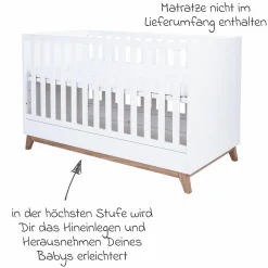 3-tlg Kinderzimmer-Set Lina mit 4-türigem Schrank, Bett, Wickelkommode mit Wickelaufsatz - Kreideweiß / Walnuss-Optik - Kollektion 2024