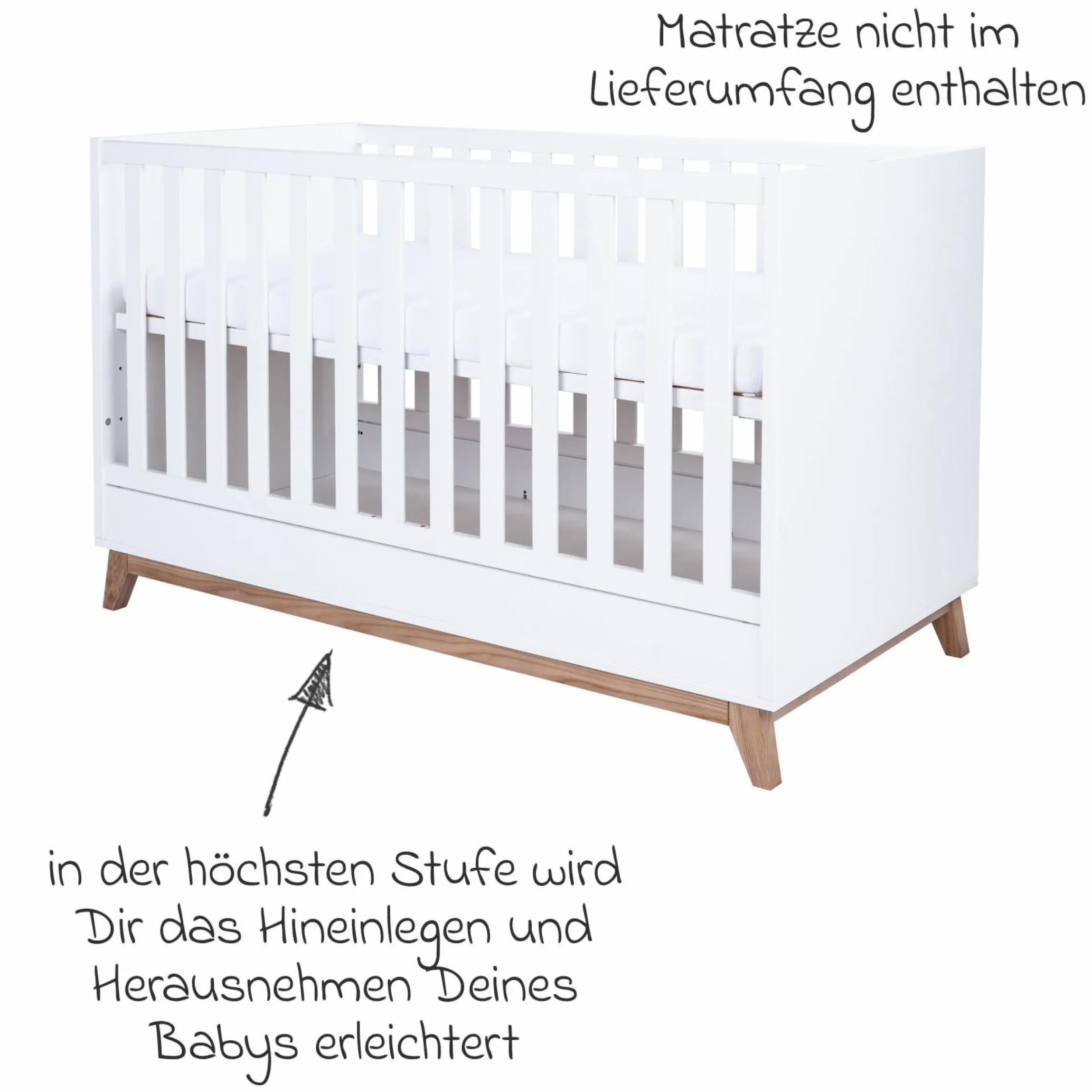 3-tlg Kinderzimmer-Set Lina mit 4-türigem Schrank, Bett, Wickelkommode mit Wickelaufsatz - Kreideweiß / Walnuss-Optik - Kollektion 2024