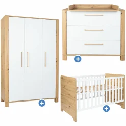 3-tlg Kinderzimmer-Set Marlon mit 3-türigem Schrank, Bett, Wickelkommode mit Wickelaufsatz - Artisan-Oak / Kreideweiß - Kollektion 2024
