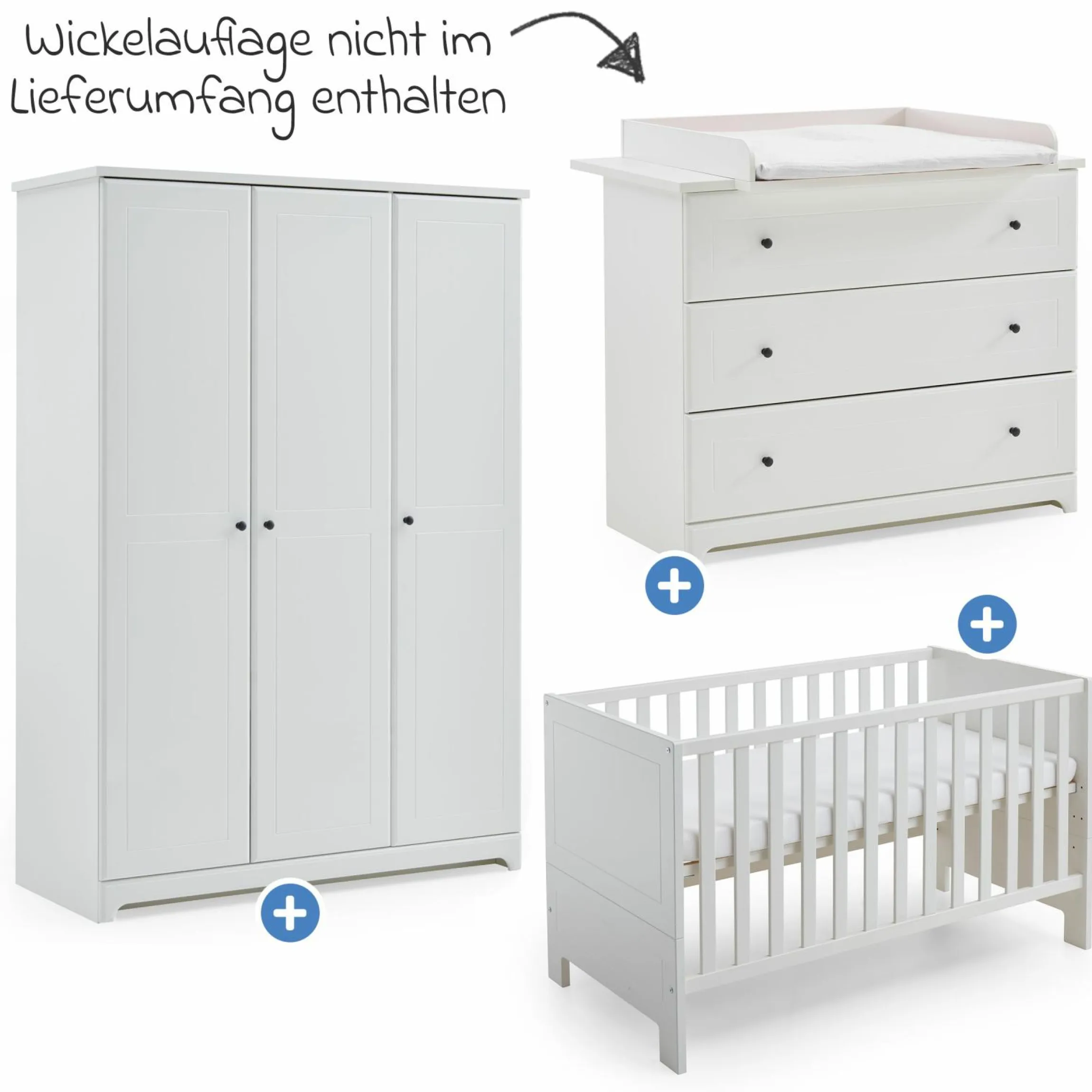 3-tlg Kinderzimmer-Set Thilo mit 3-türigem Schrank, Bett, Wickelkommode mit Wickelaufsatz - Weiß - Kollektion 2024