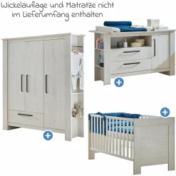 3-tlg Kinderzimmer-Set Til mit 3-türigem Schrank, Bett, extrabreite Wickelkommode mit Wickelaufsatz - Nordic Wood - Kollektion 2024
