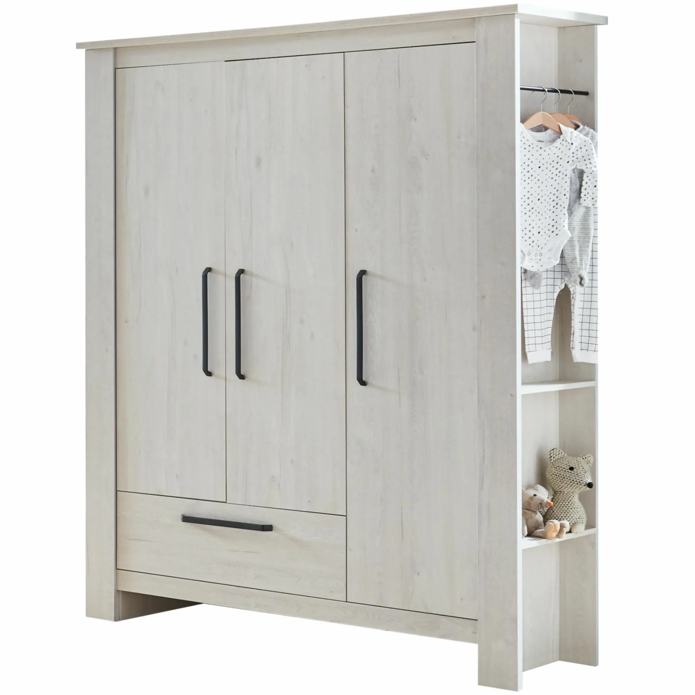 3-tlg Kinderzimmer-Set Til mit 3-türigem Schrank, Bett, extrabreite Wickelkommode mit Wickelaufsatz - Nordic Wood - Kollektion 2024