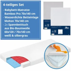 4-tlg. Matratzen-Set für Kinderbett 70x140 cm - Babybettmatratze Bamboo Pro + Betteinlage + 2 Spannbettlaken