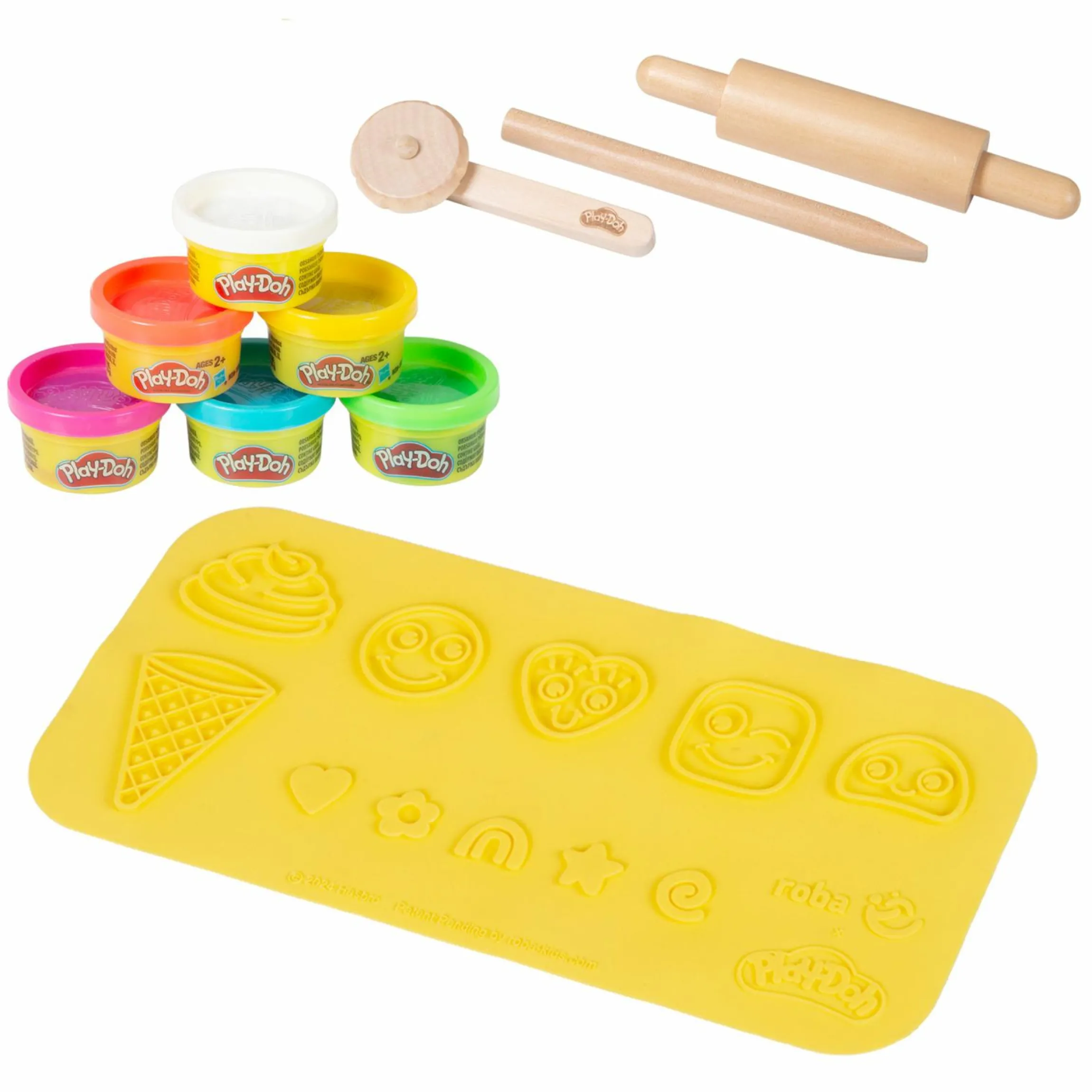 10-tlg. Nachhaltiges Spielset Roba + Play-Doh mit Bastelmatte 14,5 x 30 cm, 6 Dosen Knetmasse, Teigrolle, Pizzaschneider & Modelierwerkzeug