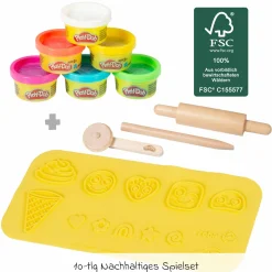 10-tlg. Nachhaltiges Spielset Roba + Play-Doh mit Bastelmatte 14,5 x 30 cm, 6 Dosen Knetmasse, Teigrolle, Pizzaschneider & Modelierwerkzeug
