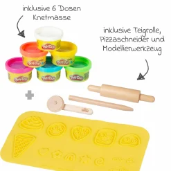 10-tlg. Nachhaltiges Spielset Roba + Play-Doh mit Bastelmatte 14,5 x 30 cm, 6 Dosen Knetmasse, Teigrolle, Pizzaschneider & Modelierwerkzeug