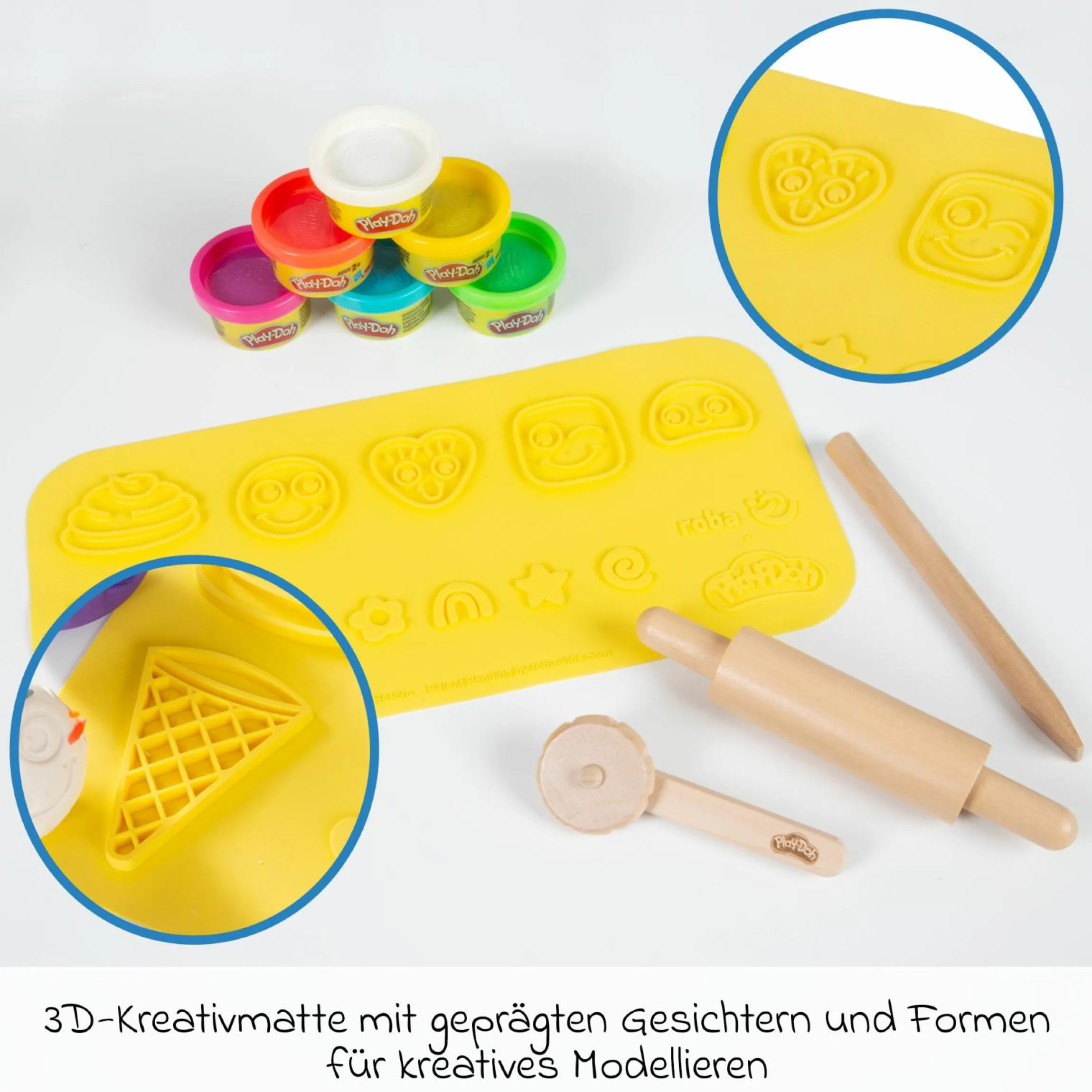10-tlg. Nachhaltiges Spielset Roba + Play-Doh mit Bastelmatte 14,5 x 30 cm, 6 Dosen Knetmasse, Teigrolle, Pizzaschneider & Modelierwerkzeug