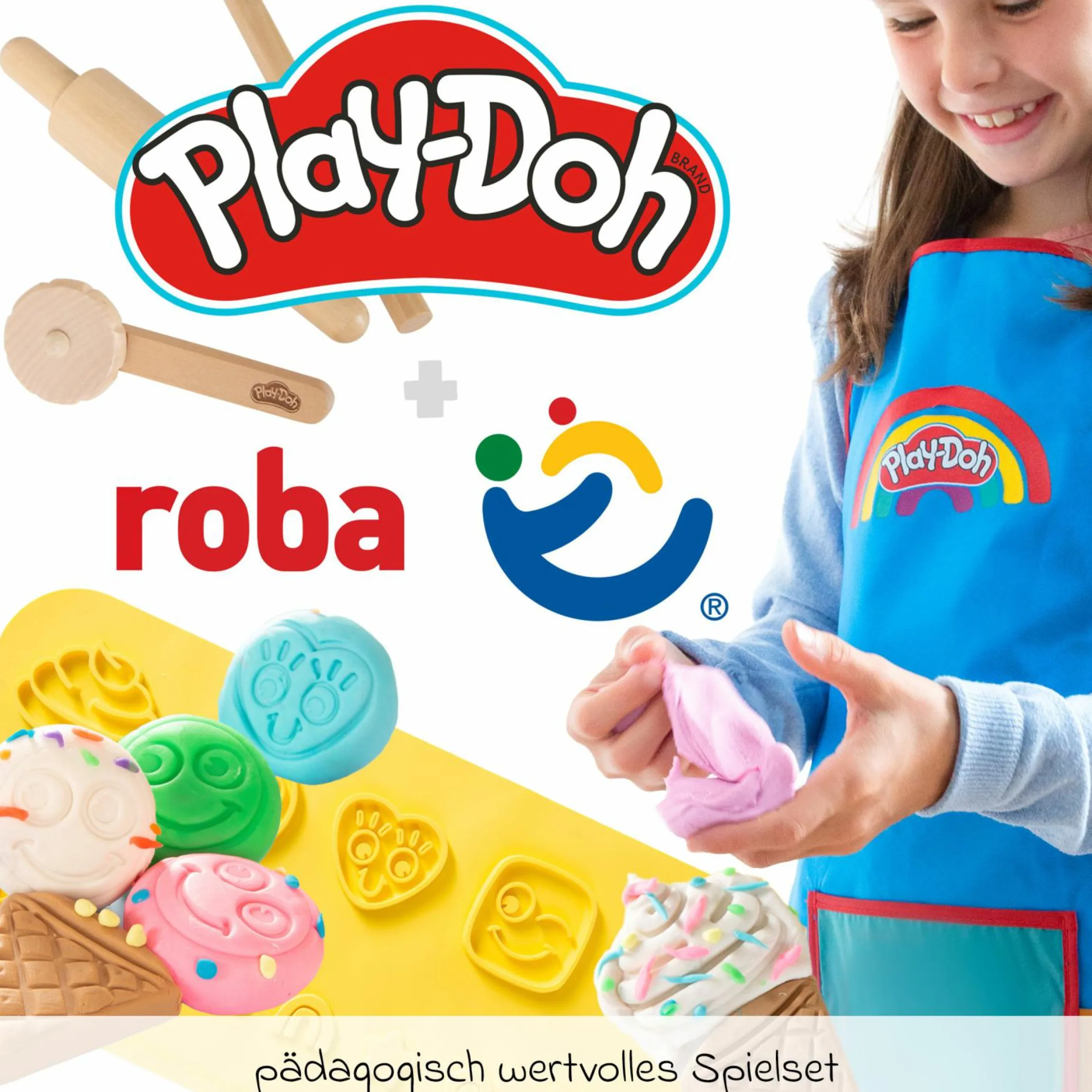 10-tlg. Nachhaltiges Spielset Roba + Play-Doh mit Bastelmatte 14,5 x 30 cm, 6 Dosen Knetmasse, Teigrolle, Pizzaschneider & Modelierwerkzeug