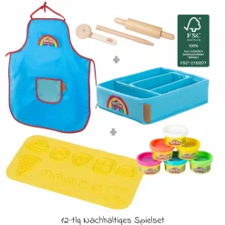 12-tlg. Nachhaltiges Spielset Roba + Play-Doh mit Bastelmatte 14,5 x 30 cm, Schürze, Box, 6 Dosen Knetmasse, Teigrolle, Pizzaschneider & Modelierwerkzeug - Kollektion 2025