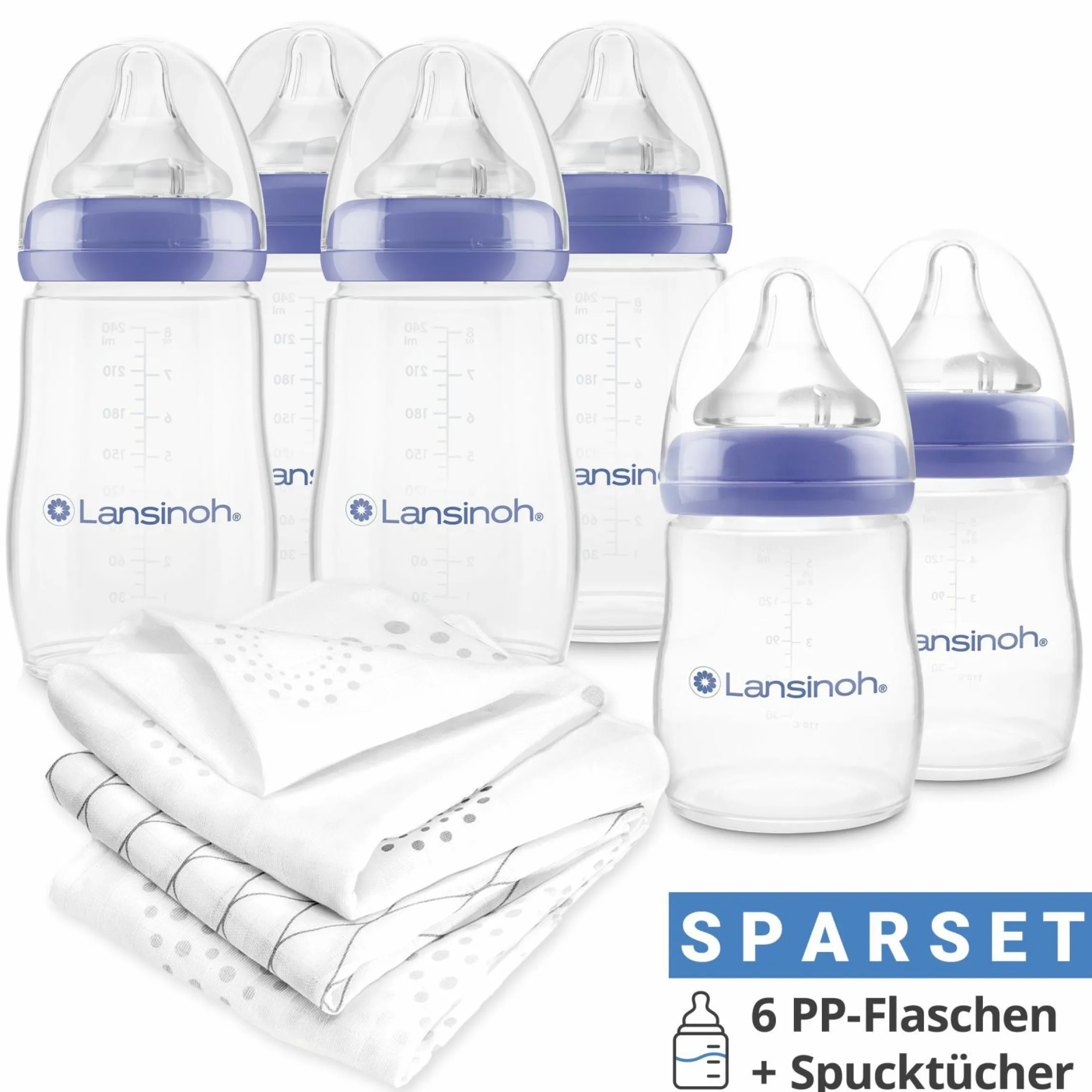 9-tlg. PP-Flaschen-Set mit NaturalWave® Trinksauger Gr. S & M + 3 Spucktücher