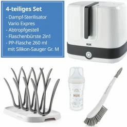 4-tlg. Reinigungs-Set für Babyflaschen - Dampfsterilisator Vario Express + Abtropfständer + Flaschenbürste - Grau / Weiß