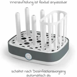 4-tlg. Reinigungs-Set für Babyflaschen - Dampfsterilisator Vario Express + Abtropfständer + Flaschenbürste - Grau / Weiß
