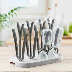 4-tlg. Reinigungs-Set für Babyflaschen - Dampfsterilisator Vario Express + Abtropfständer + Flaschenbürste - Grau / Weiß