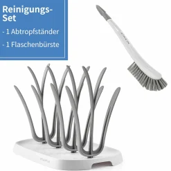 2-tlg. Reinigungsset für Babyflaschen - Abtropfgestell + Flaschenbürste - Grau Weiß