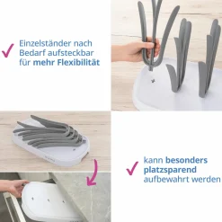 2-tlg. Reinigungsset für Babyflaschen - Abtropfgestell + Flaschenbürste - Grau Weiß
