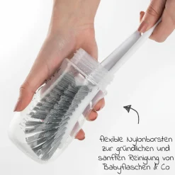 2-tlg. Reinigungsset für Babyflaschen - Abtropfgestell + Flaschenbürste - Grau Weiß