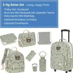 5-tlg. Reise-Set - inkl. Trolley + Washbag + Rucksack + Lunchbox + Trinkflasche - Happy Prints - Light Olive