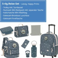 5-tlg. Reise-Set - inkl. Trolley + Washbag + Rucksack + Lunchbox + Trinkflasche - Happy Prints - Midnight Blue