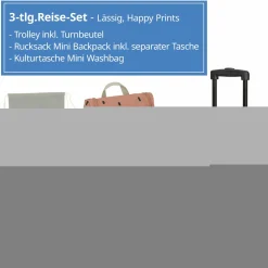 3-tlg. Reise-Set - inkl. Trolley + Washbag + Rucksack - Happy Prints - Caramel