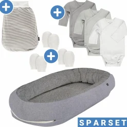 8-tlg. Schlummer-Set - Nestchen + 3 Bodys + Strampelsack + 3 Kratzfäustlinge - Grau Weiß