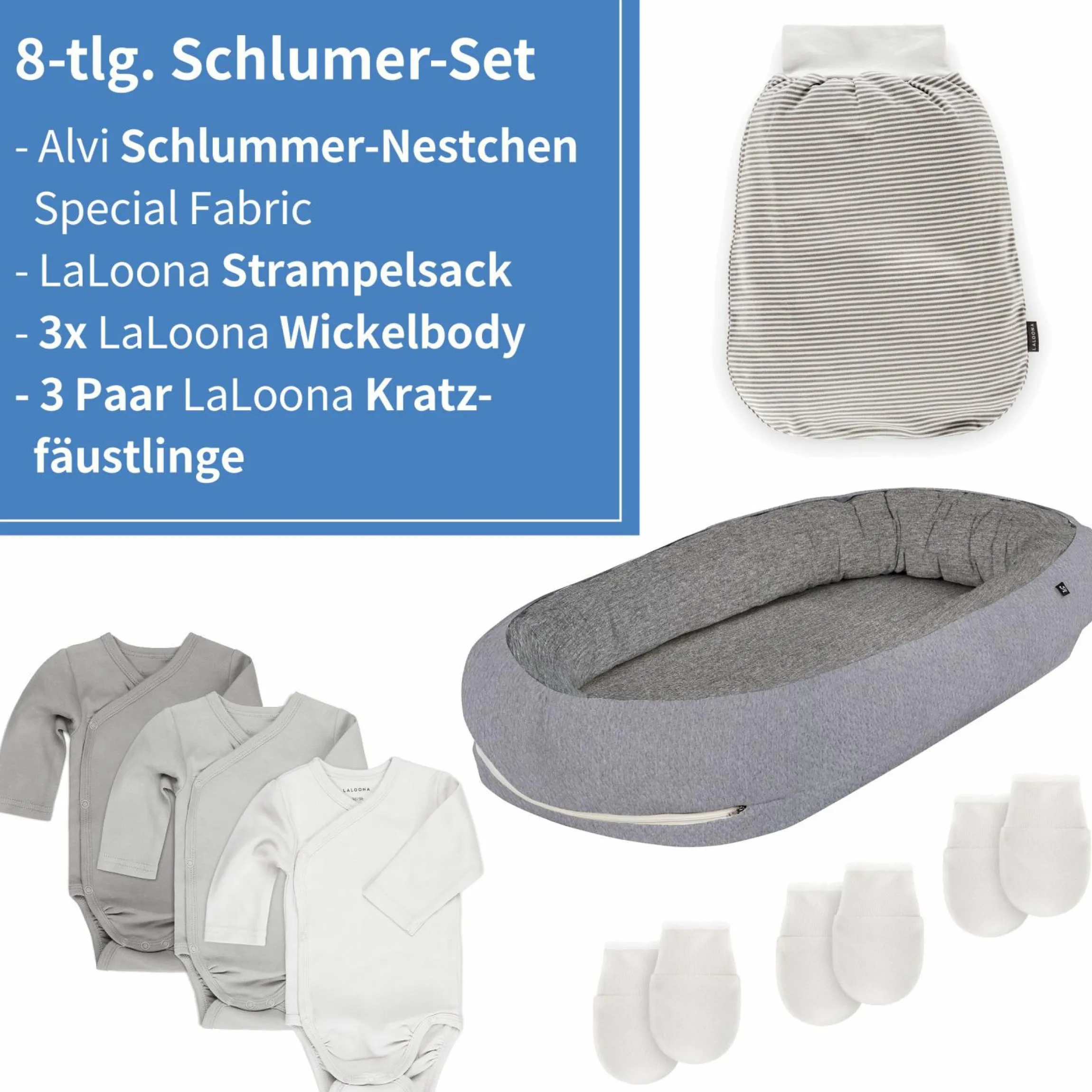 8-tlg. Schlummer-Set - Nestchen + 3 Bodys + Strampelsack + 3 Kratzfäustlinge - Grau Weiß