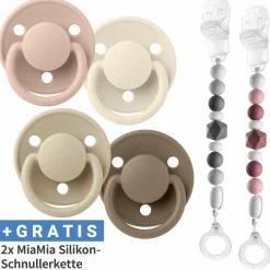 6-tlg. Schnuller-Set - 4 Silikon-Schnuller De Lux 0-36 M + GRATIS 2x Silikon-Schnullerkette - Ivory Blush Vanilla Dark Oak