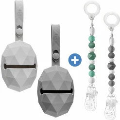 4-tlg. Schnuller-Zubehör-Set - 2x Silikon-Schnullerbox + 2x Schnullerkette mit Silikon-Perlen & Gummiring inkl. Clip - Grau Grün