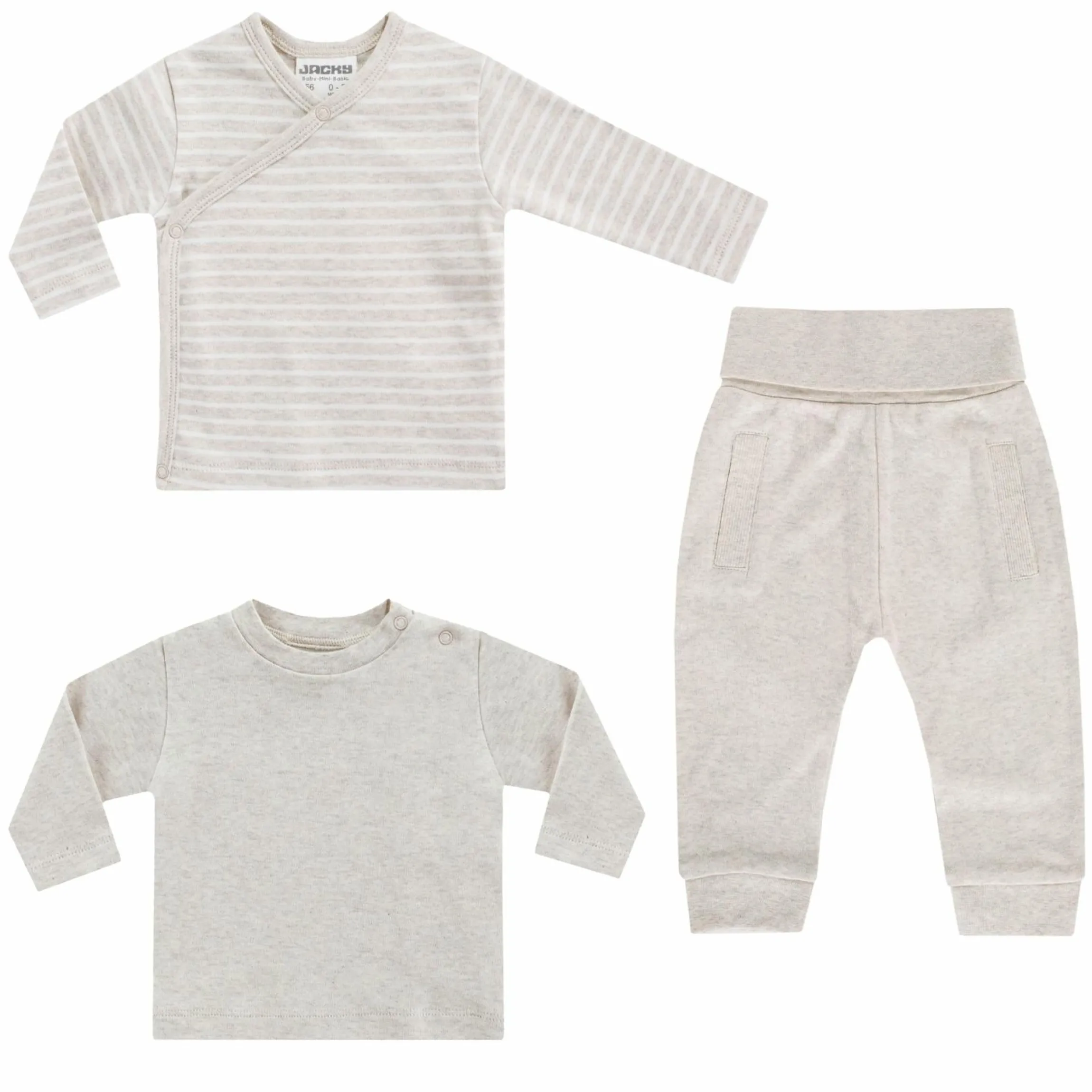 3-tlg. Set Langarmshirt, Wickelshirt & Jogginghose - Beige Melange - Gr. 74