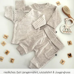 3-tlg. Set Langarmshirt, Wickelshirt & Jogginghose - Beige Melange - Gr. 74