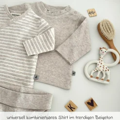 3-tlg. Set Langarmshirt, Wickelshirt & Jogginghose - Beige Melange - Gr. 74